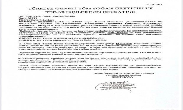 Türkiye Geneli Tüm Soğan Üreticileri ve Tedarikçilerinin Dikkatine